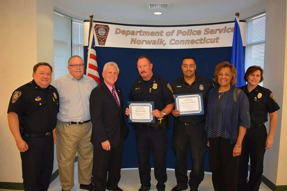 Two Norwalk police officers who participated in a water rescue in Norwalk Harbor and four officers combatting narcotics dealing and illegal gun possession in the city, were recognized recently as the department?’s September Officers of the Month.