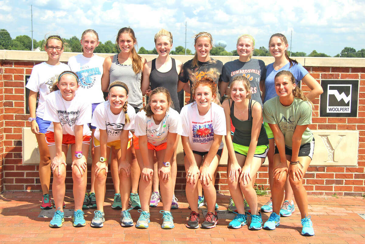 Seniors and returning state qualifiers for the Edwardsville girls' cross country team are, front row left to right, Caitlyn Scheibal, Kennison Adams, Julianna Determann, Victoria Vegher, Claire Ashby and Savannah Brannan. In the back row are Colleen Corkery, Rachel Schoenecker, Halley Allard, Honor Dimick, Dianna Craig, Grace Thompson and Katie Edmonds.