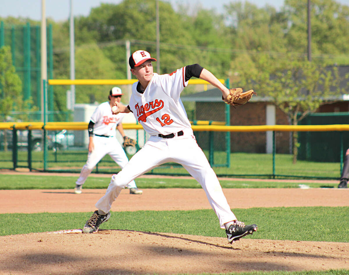 Edwardsville’s Andrew Frank delivers a pitch during a game against Wesclin this spring. Frank, who will be a senior, will play for the EHS summer team.