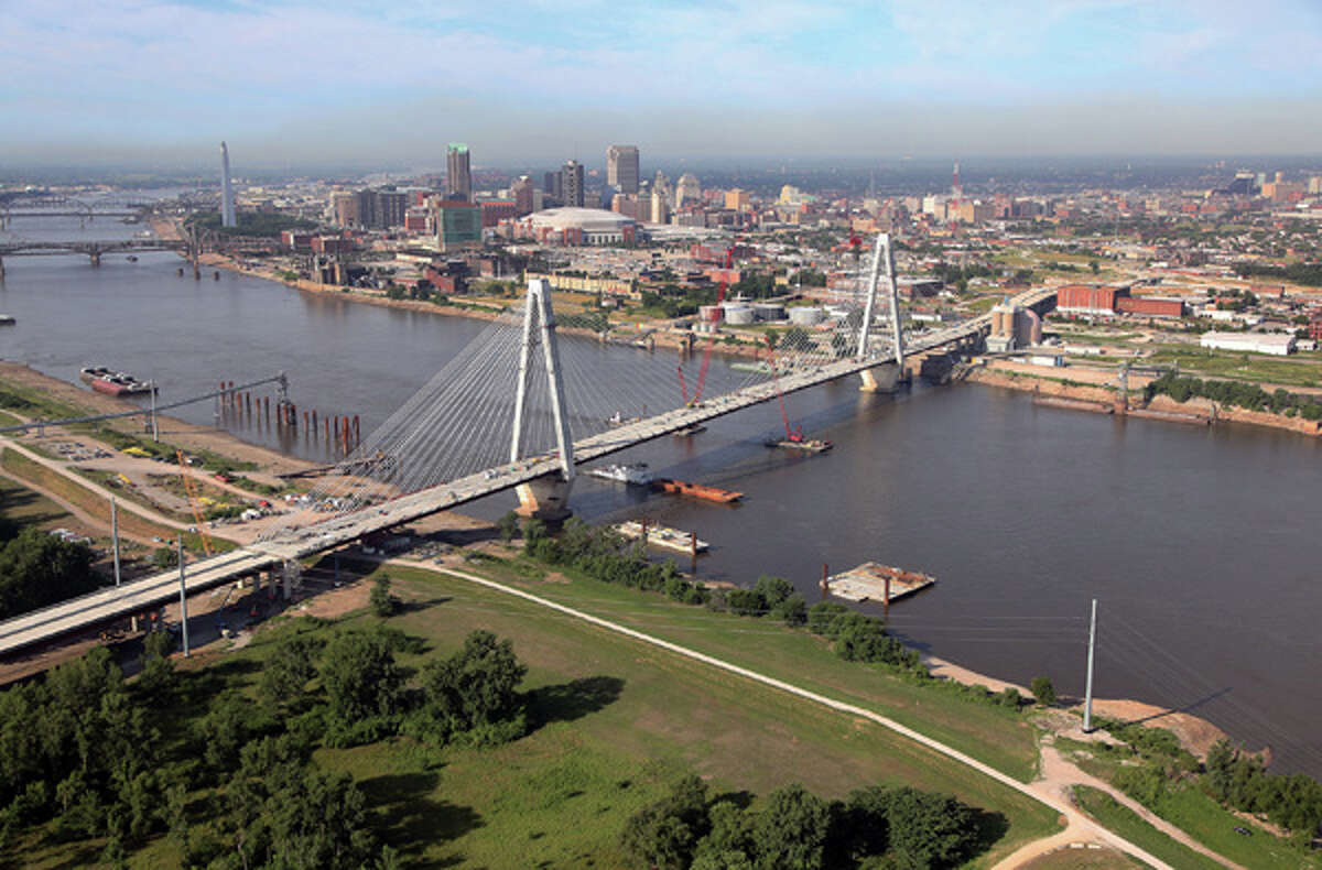 The Illinois Department of Transportation plans to reduce the westbound lanes on the Stan Musial Veterans Memorial Bridge to one between April 1 and May 31. The above photo was taken during the construction phase, nearly 10 years ago.