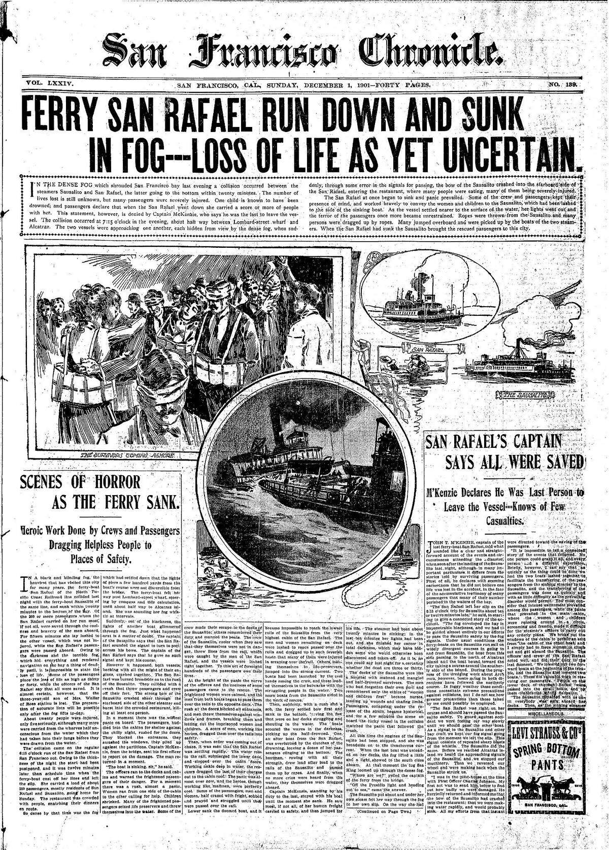 历史编年史头版1901年12月1日，圣拉斐尔号船沉没，两艘渡轮在旧金山湾相撞