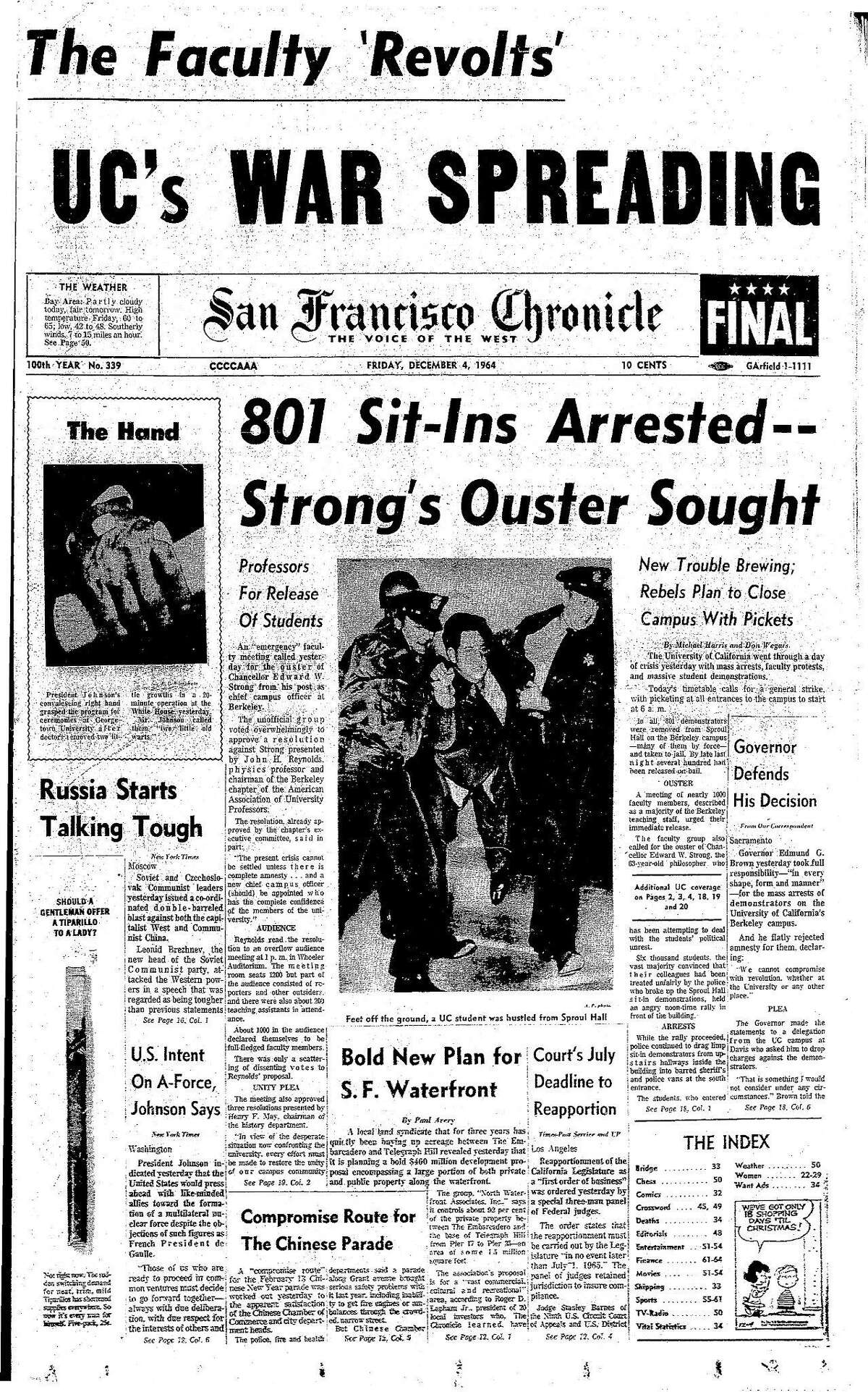 Historic Chronicle Front Page December 04, 1964 Over 800 students arrested at University of California at Berkeley during free speech demonstrations Chron365, Chroncover