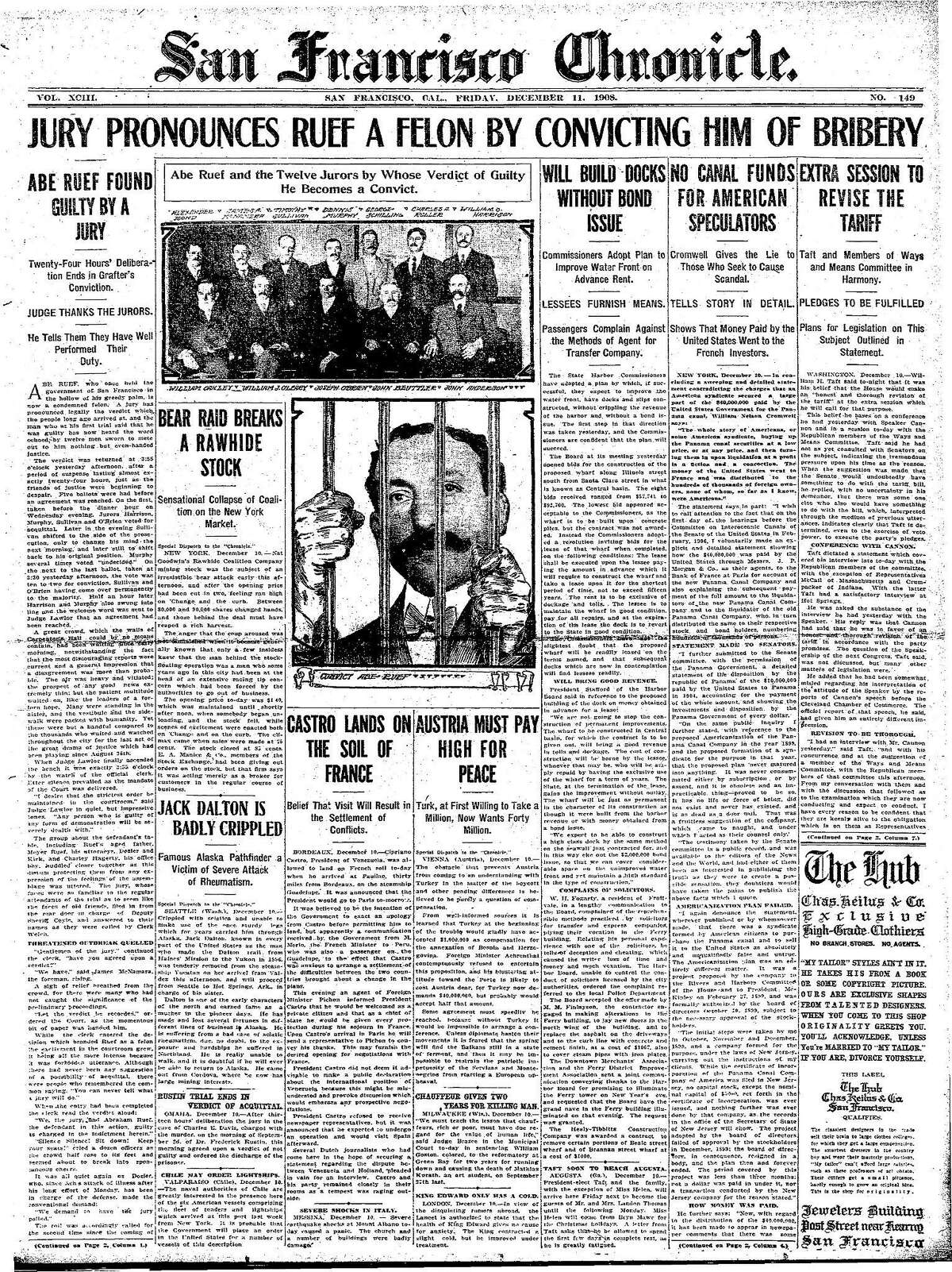 历史纪事报头版1908年12月11日旧金山权力掮客安倍·鲁夫因行贿被判有罪