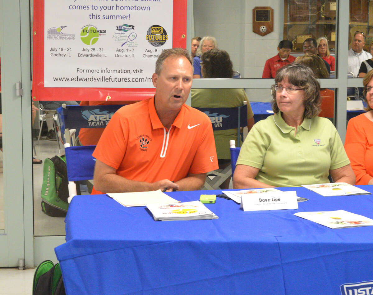 Dave Lipe, tournament director for the Edwardsville Futures on July 22-31, speaks at the press conference.