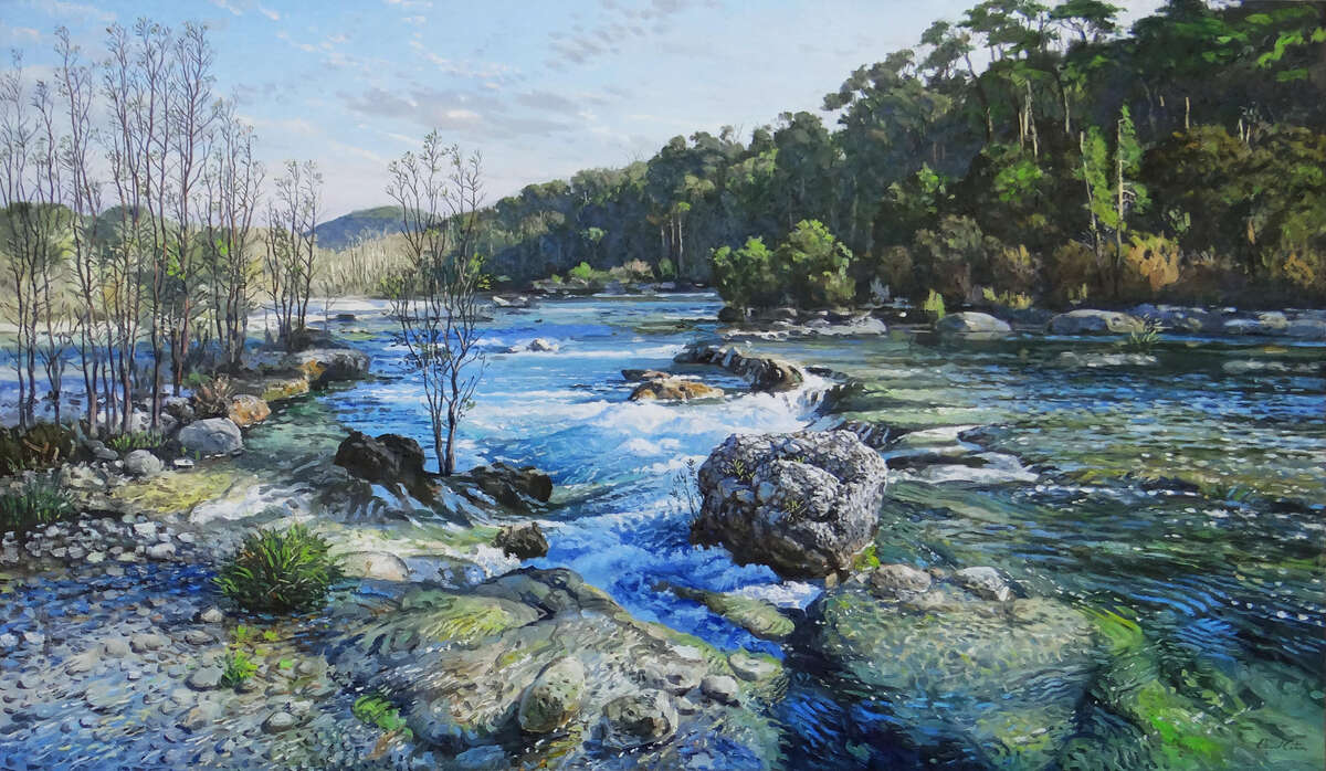 "Falls Off Blinn River Trail, Garner State Park" is among works by David Caton on view at William Reaves | Sarah Foltz Fine Art.
