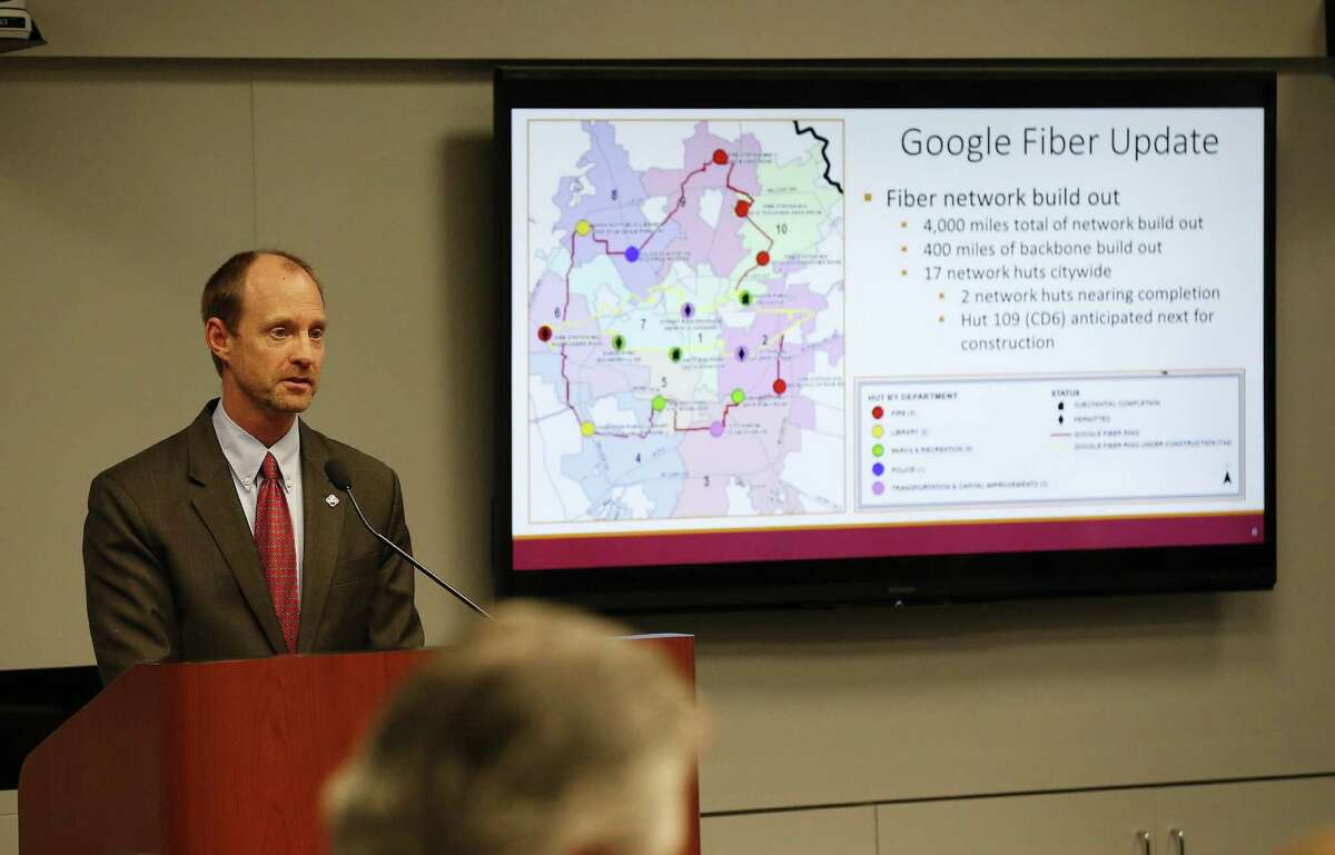 City of San Antonio's Director of Transportation and Capital Improvements Mike Frisbie gives the City Council a briefing regarding updates to the fiberoptic infrastructure by Google and AT&T on Nov. 2. A Google fiber hut at Haskin Park has generated controversy.