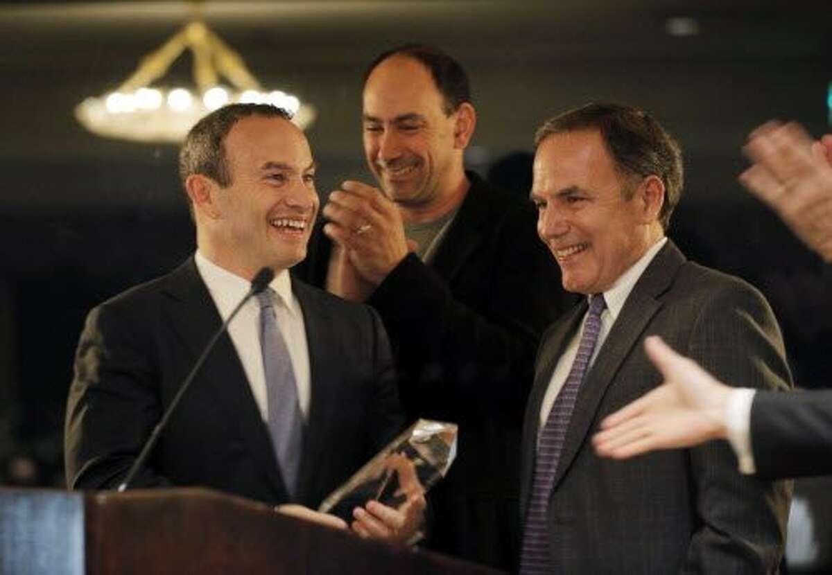 Evan Marwell receives the award from Chronicle Editor John Diaz at the San Francisco Chronicle's ceremony for the Visionary of the Year Award at the Fairmont Hotel in San Francisco , Calif., on Tuesday, March 31, 2015.