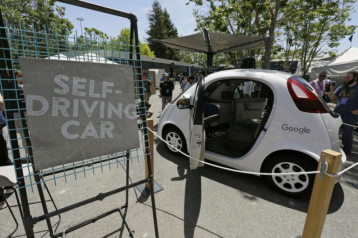 In this photo taken May 18, 2016, a Google self-driving car is seen on display at Google's I/O conference in Mountain View, Calif. California regulators are asking members of the public what they think about proposed regulations that would eventually permit self-driving cars that lack a steering wheel or pedals on public roads. The California Department of Motor Vehicles is hosting the hearing Wednesday, Oct. 19, 2016, in the state Capitol. (AP Photo/Eric Risberg)