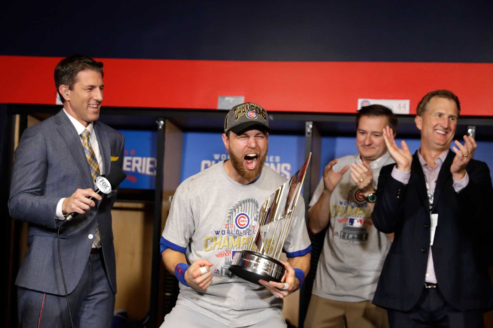 Cubs Player Ben Zobrist With World Series Trophy 