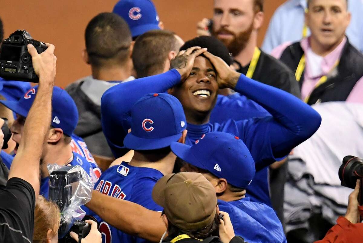 CLEVELAND, OH - NOVEMBER 02: Aroldis Chapman #54 of the Chicago Cubs celebrates after defeating the Cleveland Indians 8-7 in Game Seven of the 2016 World Series at Progressive Field on November 2, 2016 in Cleveland, Ohio. The Cubs win their first World Series in 108 years. (Photo by Jason Miller/Getty Images)