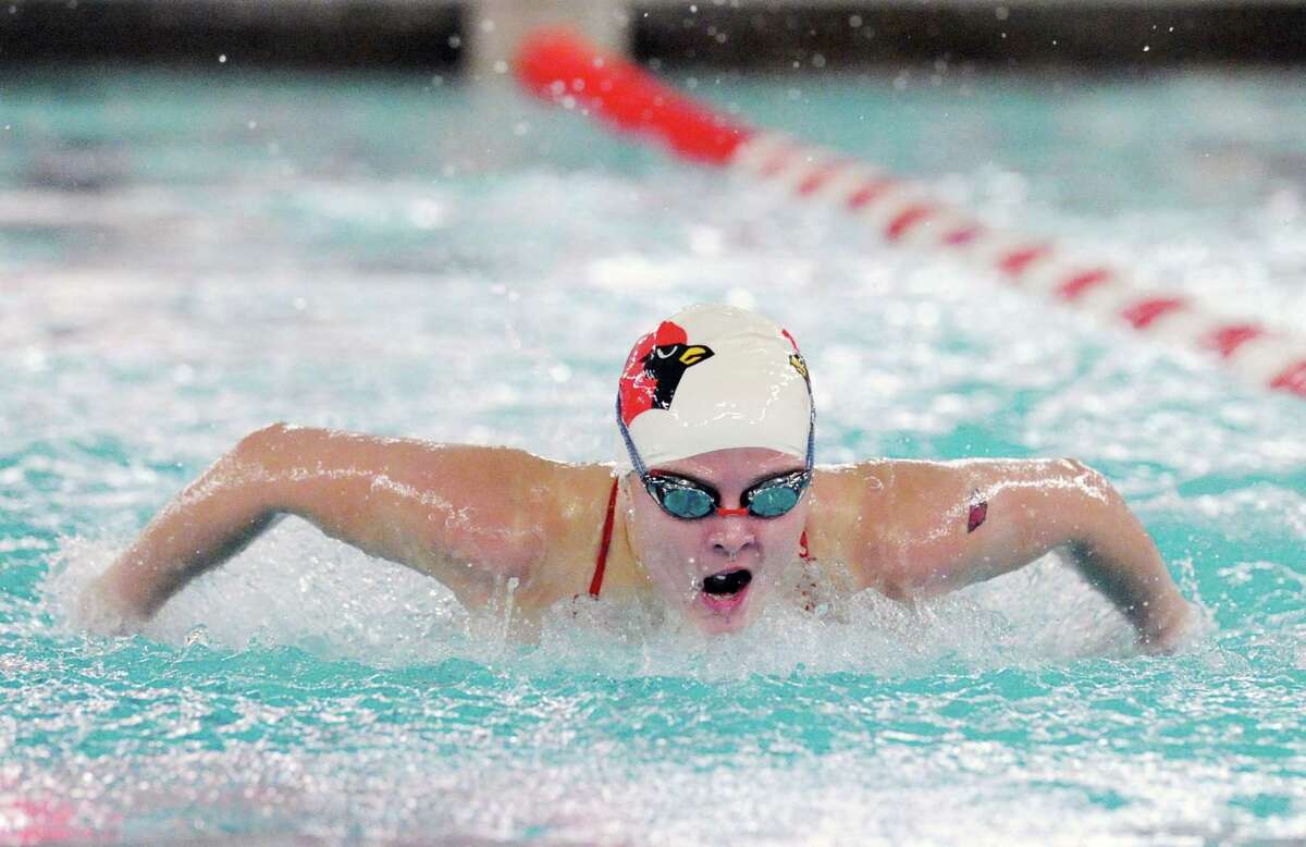Greenwich’s Kelly Montesi competes in the 200 IM event that she finished second in during the FCIAC championship Thursday at Greenwich High School.