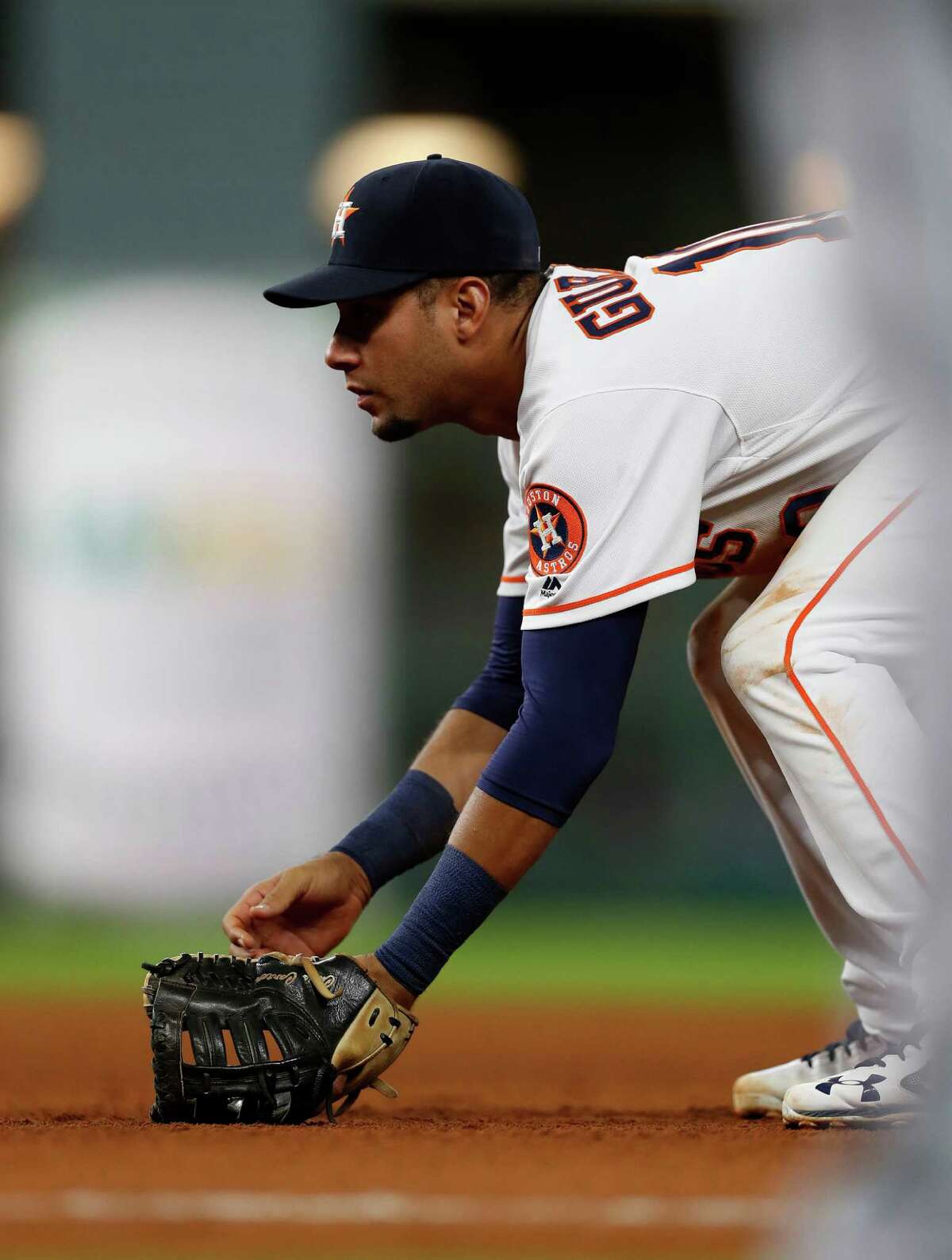 Houston Astros first baseman Yulieski Gurriel (10) gets into his defensive stance during the eighth inning of an MLB game at Minute Maid Park, Monday, Sept. 12, 2016 in Houston. ( Karen Warren / Houston Chronicle )