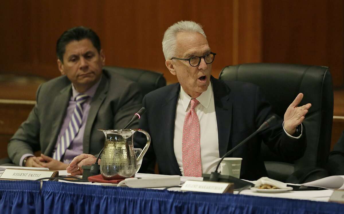 File - In this March 23, 2016 file photo, Norman J. Pattiz, right, speaks as Eloy Ortiz Oakley, left, looks on during a University of California Board of Regents meeting in San Francisco. Regent Pattiz has apologized to a former employee for asking to hold her breasts while she taped a bra commercial. Pattiz said he "deeply regrets" the comments and won't repeat such behavior. Pattiz is chairman of the Courtside Entertainment Group, which produces radio shows and podcasts. (AP Photo/Eric Risberg, File)