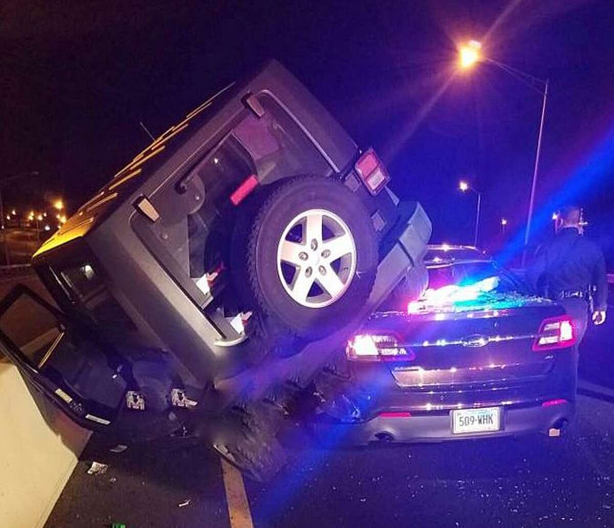 A veteran state police detective was injured after a a drunk driver slammed into his cruiser on Thursday, Nov. 3, 2016. Michael Gauvin, 43, of East Hartford, hit the cruiser after side-swiping a DOT truck. Gauvin was charged with driving under the influence, failure to maintain proper Lane and failure to slow down and move over for emergency vehicles.