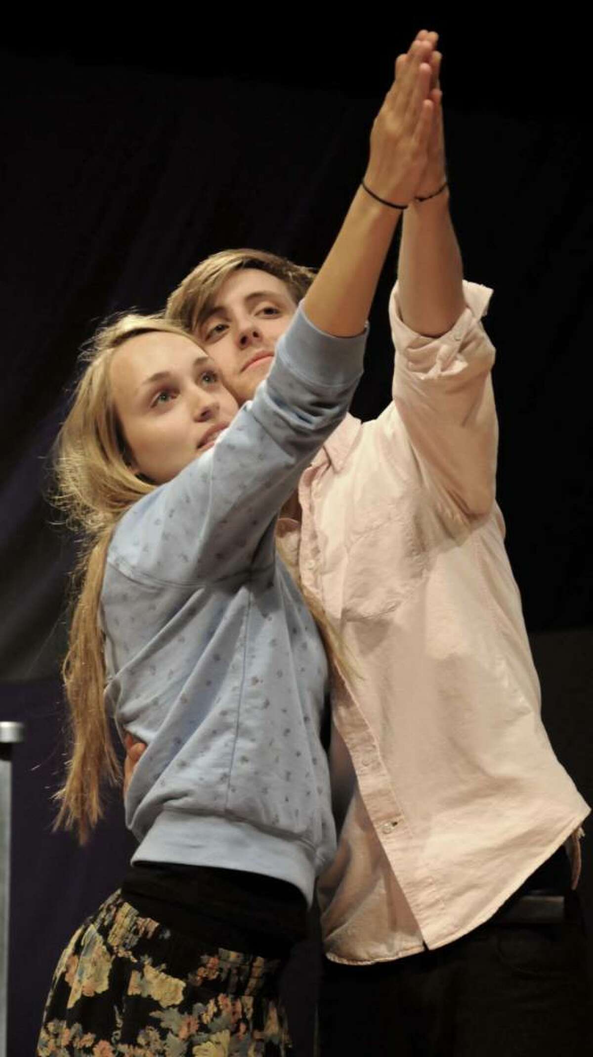 Phoebe Hart as Ophelia and Will Rutledge as Hamlet rehearse a scene from their upcoming performance of "Hamlet." on Monday May 17, 2010. The students at Joel Barlow High School in Redding will be performing in a Modern Timeless version of Shakespeare's "Hamlet". The show is being produced by Barbara Bloom of Redding and directed by Nancy Ponturo of Redding. Show dates and times are as follows, Friday, May 21 and Saturday, May 22 at 8pm, Sun. May 23 at 2pm.