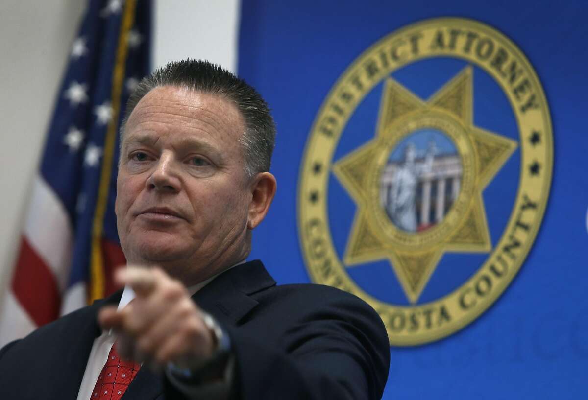 Citing a lack of evidence, Contra Costa County District Attorney Mark Peterson announces at a news conference in Martinez, Calif. on Friday, Nov. 4, 2016 that no charges will be filed against any current law enforcement officers in an East Bay sex case. Peterson added that any sexual contact between the officers and a woman known as Jasmine appeared to be consensual and no money was exchanged.