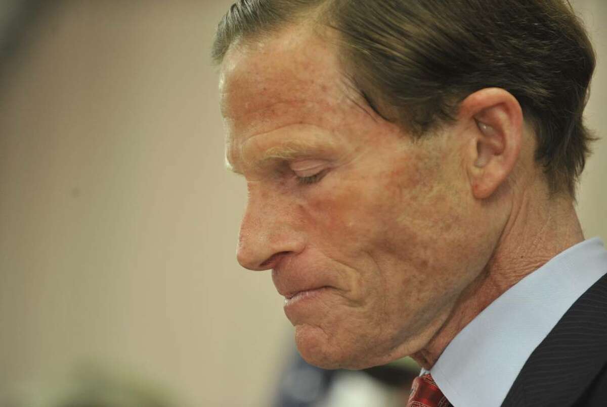 Connecticut Attorney General and Democratic candidate for U.S. Senate Richard Blumenthal pauses as he addresses a report that he has misstated his military service during the Vietnam War at a news conference in West Hartford, Conn., Tuesday, May 18, 2010. (AP Photo/Jessica Hill)