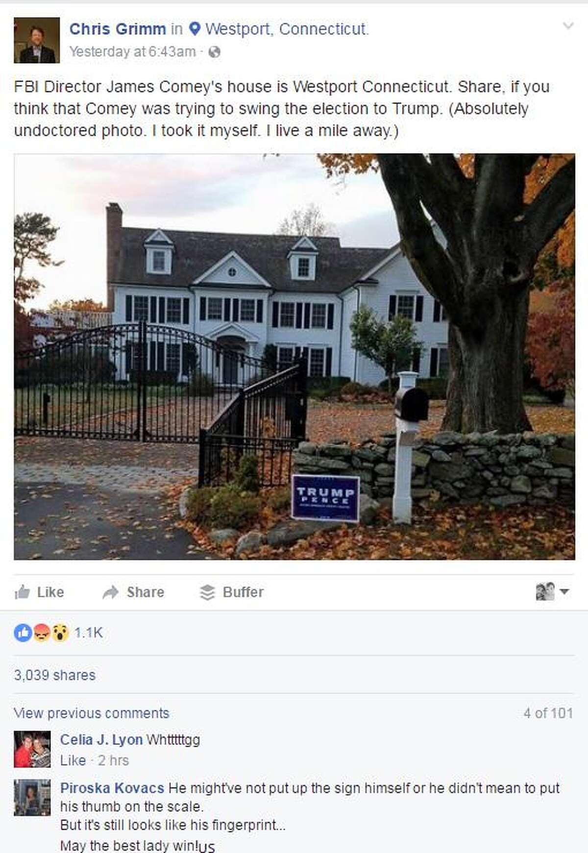 Chris Grim posted this image of the Westport home of FBI Director James Comey with a Trump sign out front. The photo was posted on Facebook on Nov. 6, 2016.