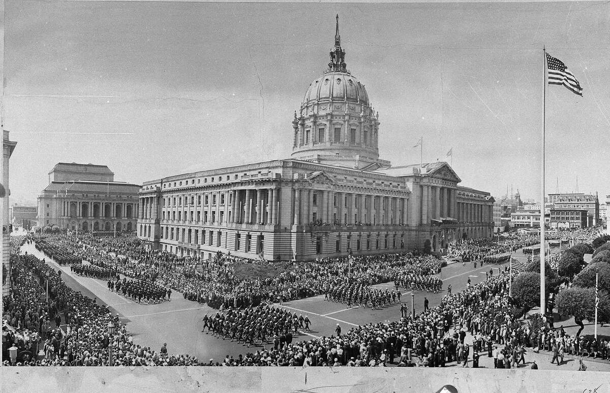 Armistice Day parade around San Francisco City Hall, 1945 Envelope stamped 11/30/1945