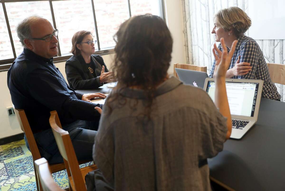 (left to right) Lance Knobel, Frances Dinkelspiel, Emilie Raguso and Tracey Taylor during budget meeting at Berkeleyside independent news organization headquarters in Berkeley, Calif., on Monday, November 7, 2016.