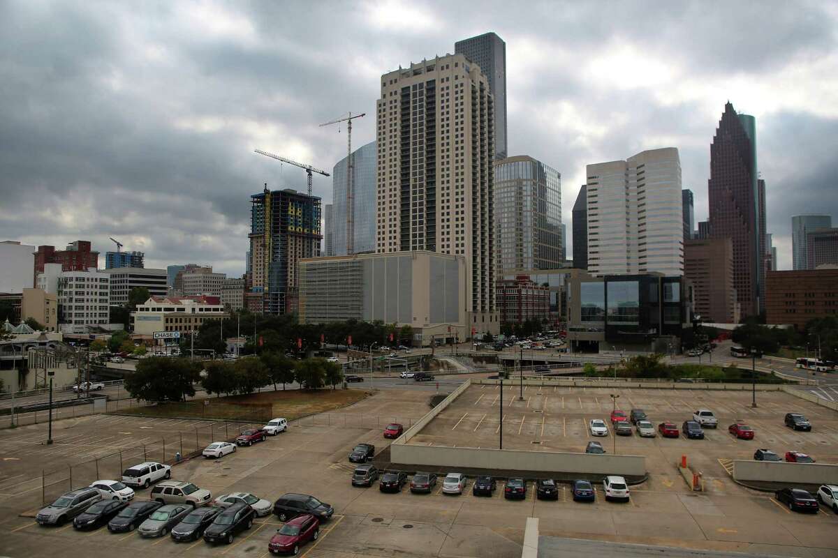 The main stage of the Day for Night festival will have downtown Houston as its backdrop outside the former Barbara Jordan Post Office building as seen from the roof, Monday, Nov. 7, 2016, in Houston. With two stages outside and art installations filling much of the inside, the space will host this year's Day for Night festival.