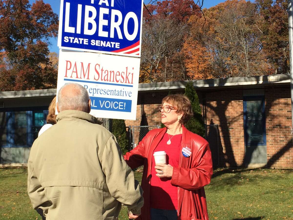 Nanci Seltzer Reyes came down from Waterbury to campaign for her friend, incumbent State Rep. Pam Staneski (R-119) outside John F. Kennedy School in Milford on Tuesday, Nov. 8, 2016.