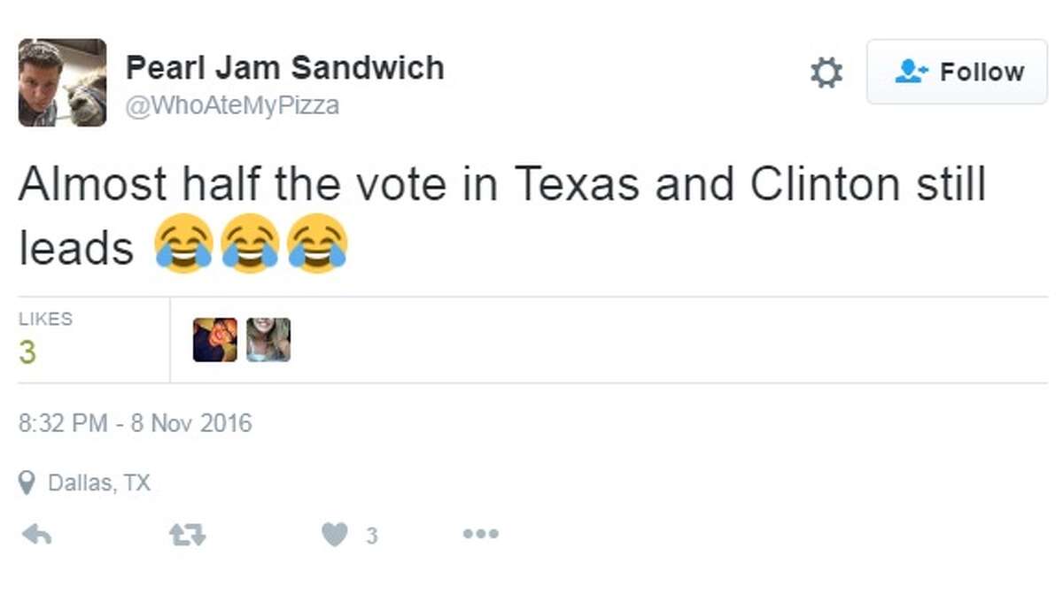 Hillary Clinton led in Texas briefly on Election Night and Twitter reacted enthusiastically. Image source Twitter
