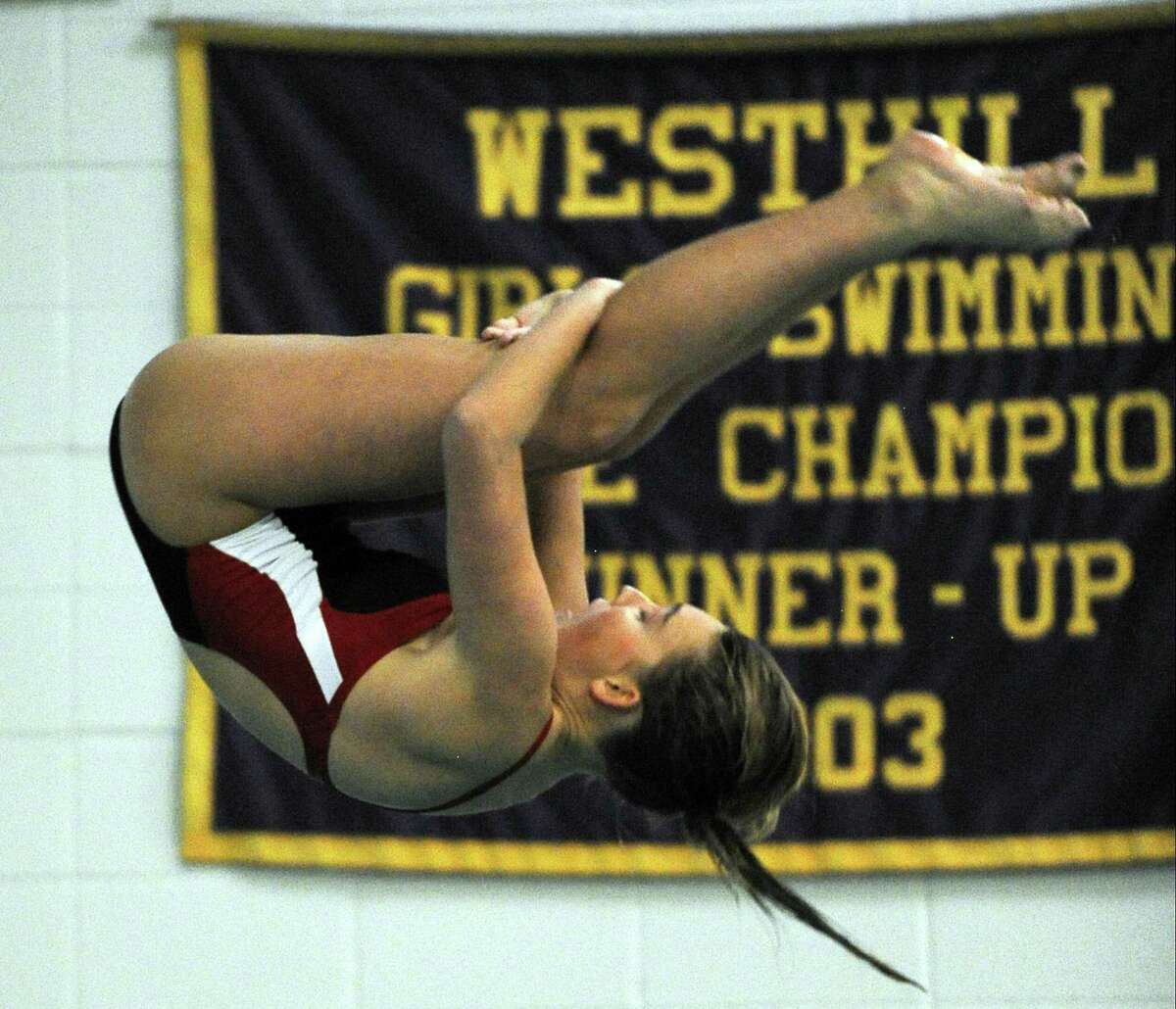 Competitors compete in the FCIAC Diving championships at Westhill High School in Stamford on Wednesday, Nov. 2, 2016.
