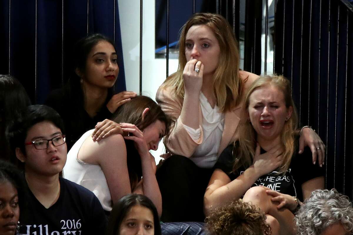 A group of women react as voting results come in at Democratic presidential nominee former Secretary of State Hillary Clinton's election night event at the Jacob K. Javits Convention Center November 8, 2016 in New York City. Clinton is running against Republican nominee, Donald J. Trump to be the 45th President of the United States.