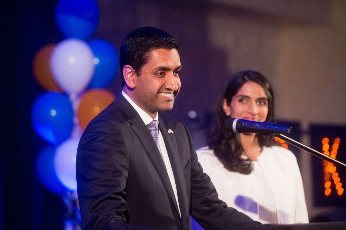 Ro Khanna, who defeated incumbent U.S. Rep. Mike Honda in the race for Congressional District 17, speaks at an election night party on Tuesday, Nov. 8, 2016, in Fremont, Calif. At right is his wife Ritu Khanna.