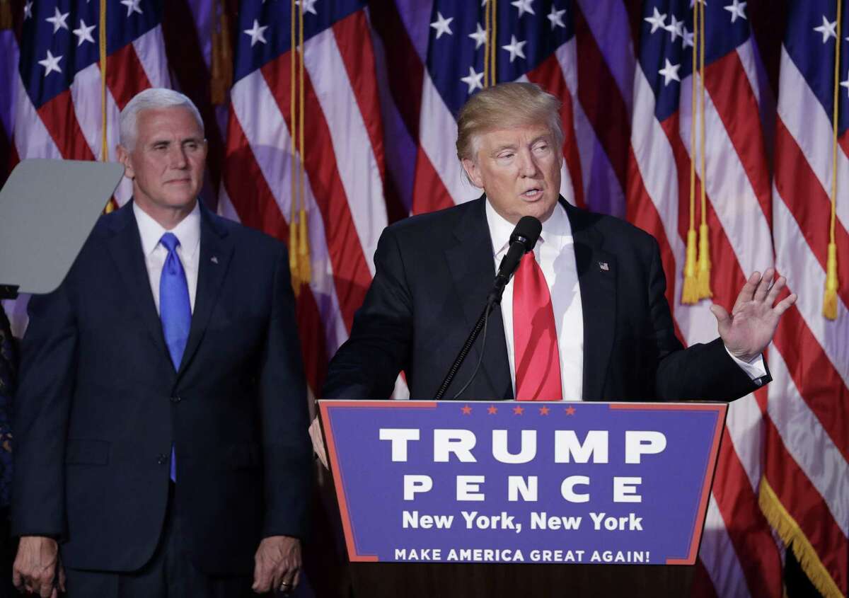 President-elect Donald Trump gives his acceptance speech during his election night rally, Wednesday, Nov. 9, 2016, in New York. Gunmakers are taking a hit the morning after his election. Shares of Sturm Ruger & Co. and Smith & Wesson Holding Corp. were down 14.3 percent and 15.3 percent, respectively, in midday trading Wednesday.