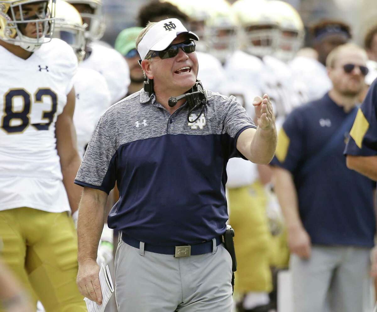 Notre Dame coach Brian Kelly shouts to his players during the second half against Navy on Nov. 5, 2016, in Jacksonville, Fla.