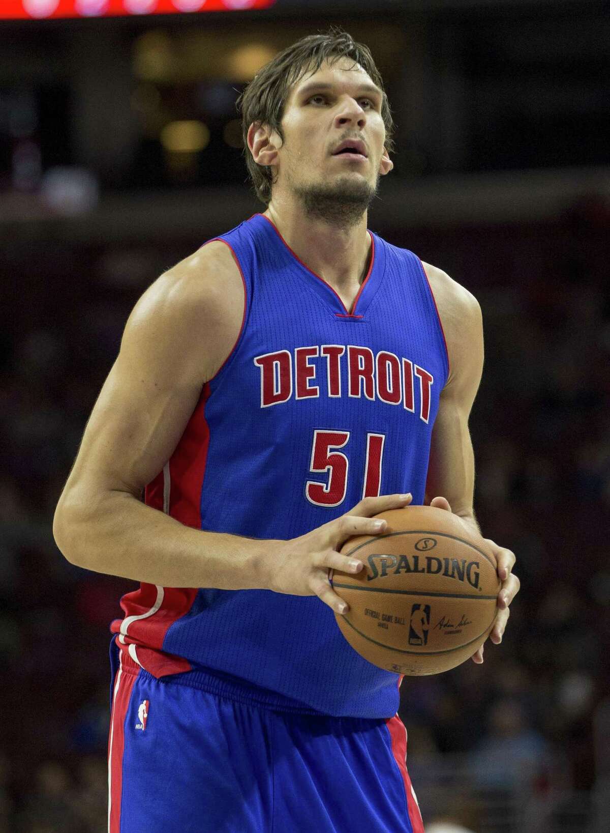 Detroit Pistons’ Boban Marjanovic takes a free-throw attempt during the first half of a preseason game against the 76ers on Oct. 15, 2016, in Philadelphia.