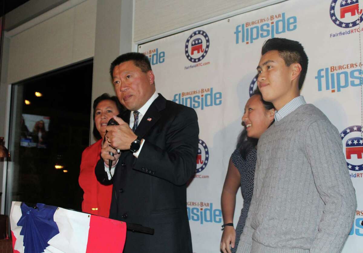 Sen. Tony Hwang, R-28 celebrates victory Tuesday night at Flipside in Fairfield, Conn. on Nov. 8, 2016 as the elections were called.