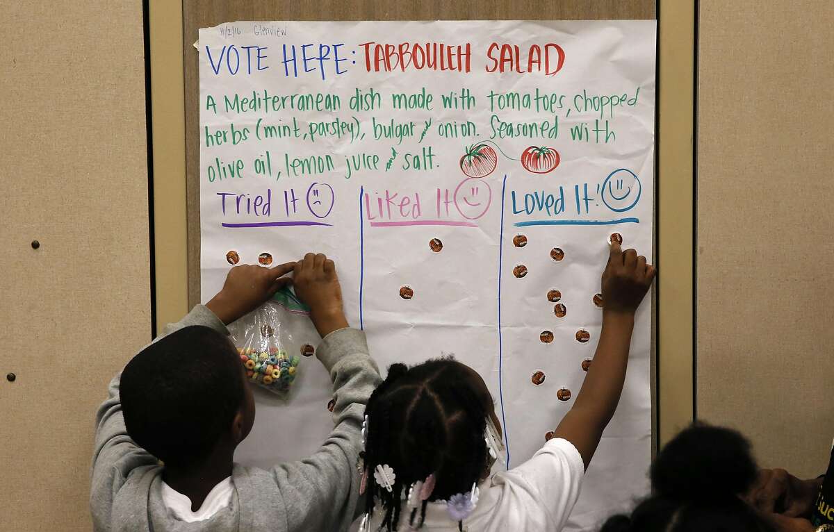 Votes are cast after a taste test of tabbouleh salad given by the Oakland Unified School District to students at Glenview Elementary students in support the Good Food Purchasing Program in Oakland, California as seen on Wednesday November 2, 2016.