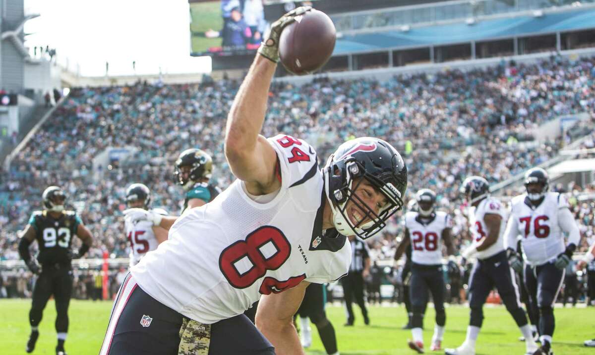 Houston Texans tight end Ryan Griffin (84) spikes the football after scoring on a 1-yard touchdown reception against the Jacksonville Jaguars during the first quarter of an NFL football game at Everbank Field on Sunday, Nov. 13, 2016, in Jacksonville.