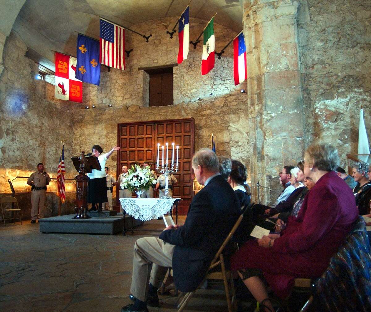 Dora Elizondo Guerra addresses guests on March 6, 2002, at the DRT's annual memorial service commemorating the 166th anniversary of the battle.