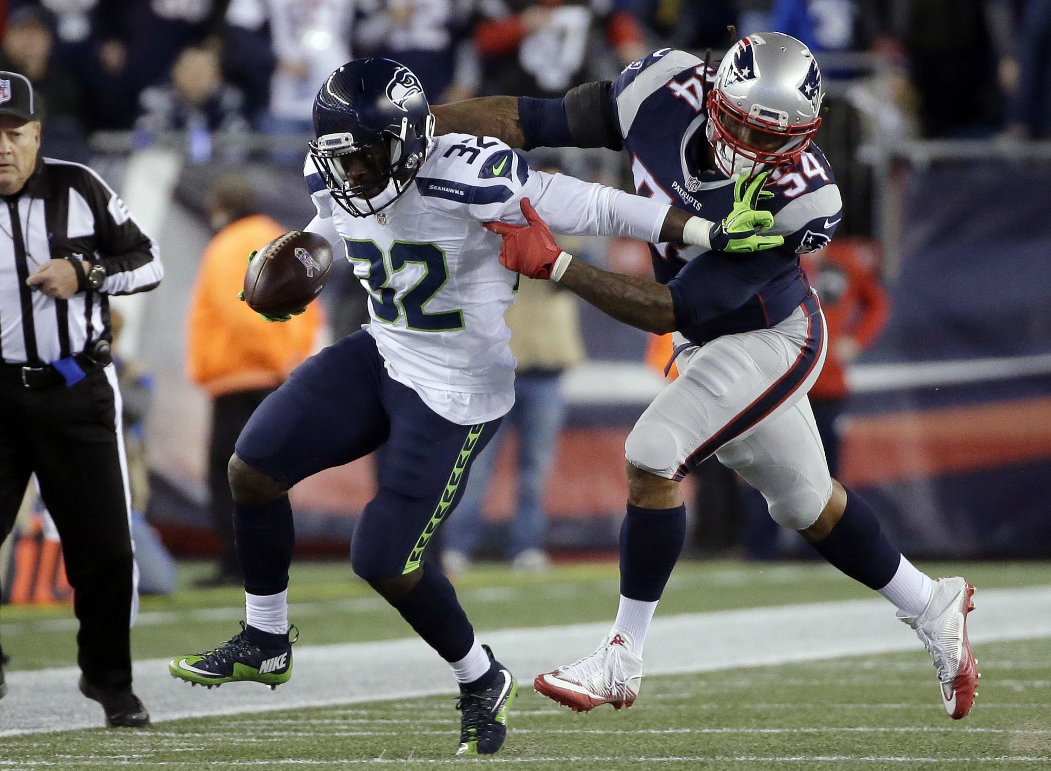 Seattle Seahawks corner back Richard Sherman (25) celebrates after the  Seahawks stopped the New England Patriots in the final seconds of the  fourth quarter at Gillette Stadium in Foxborough, Massachusetts on November