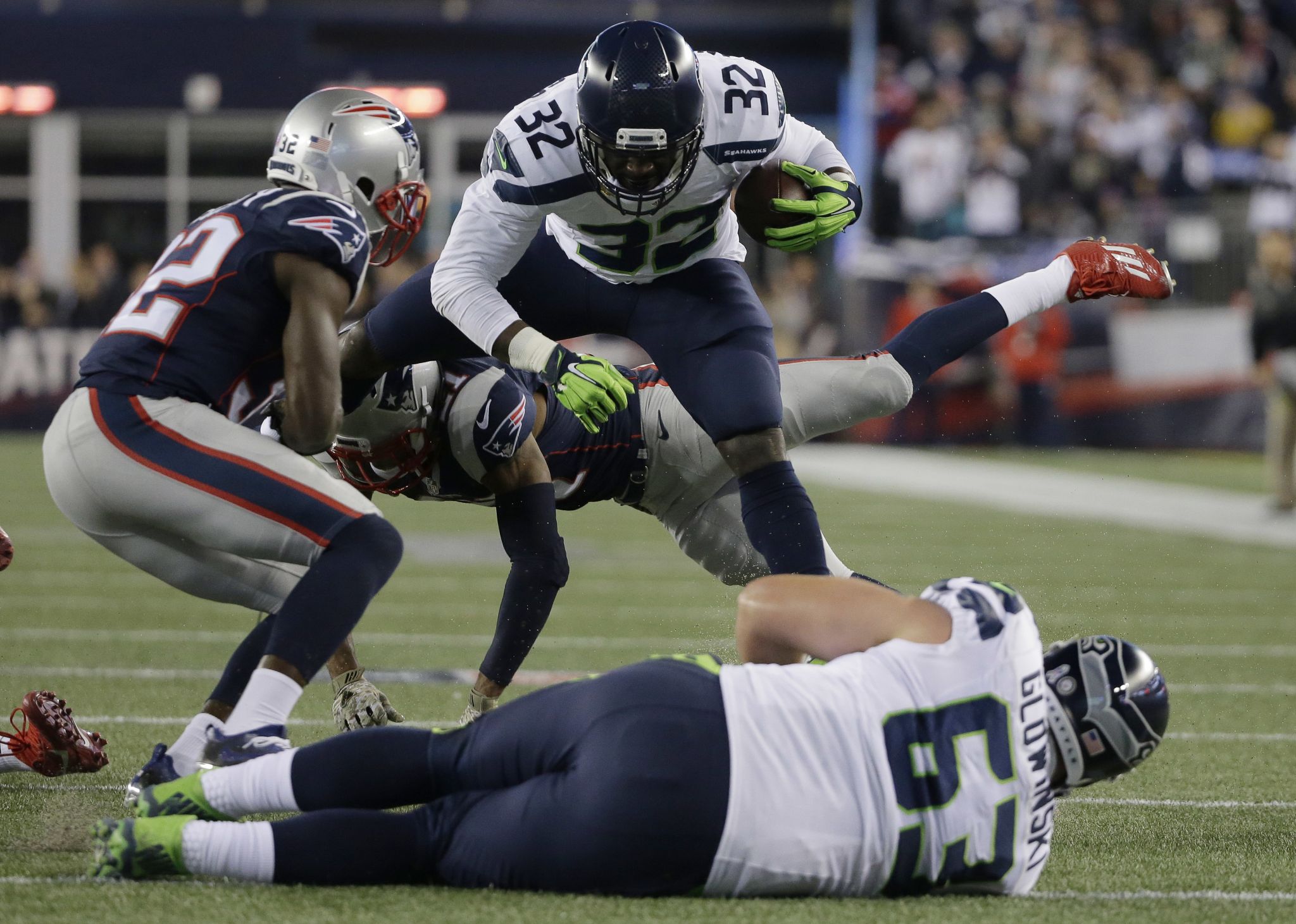 Seattle Seahawks corner back Richard Sherman (25) celebrates after the  Seahawks stopped the New England Patriots in the final seconds of the  fourth quarter at Gillette Stadium in Foxborough, Massachusetts on November