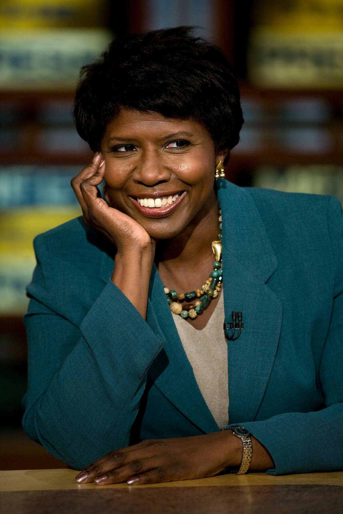 FILE: Long-time PBS journalist Gwen Ifill has died at the age of 61 after battling cancer. WASHINGTON - OCTOBER 5: (AFP OUT) Gwen Ifill of PBS watches a clip of "Saturday Night Live" during a live taping of "Meet the Press" from NBC October 5, 2008 in Washington, DC. Democratic strategist Paul Begala and Republican strategist Mike Murphy spoke about the upcoming US presidential elections while David Gregory of NBC News, Gwen Ifill of PBS, Peggy Noonan of Wall Street Journal, Chuck Todd of NBC News, and David Yepsen of the Des Moines Register participated in a roundtable to also speak about the election. (Photo by Brendan Smialowski/Getty Images for Meet The Press)