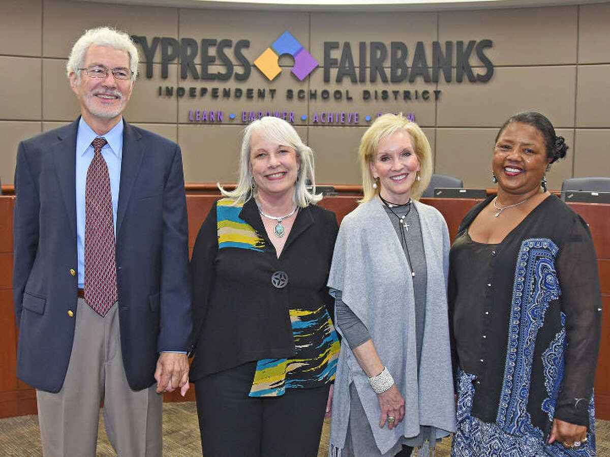 CFISD namesakes were chosen for future and existing campuses during the CFISD Board of Trustees meeting on Nov. 14. Pictured, from left, are Jim and Pam Wells, namesakes for Elementary School No. 55; Janet Hoover, namesake for Elementary School No. 56; and Maybelline Carpenter, namesake for the former Adaptive Behavior Center.