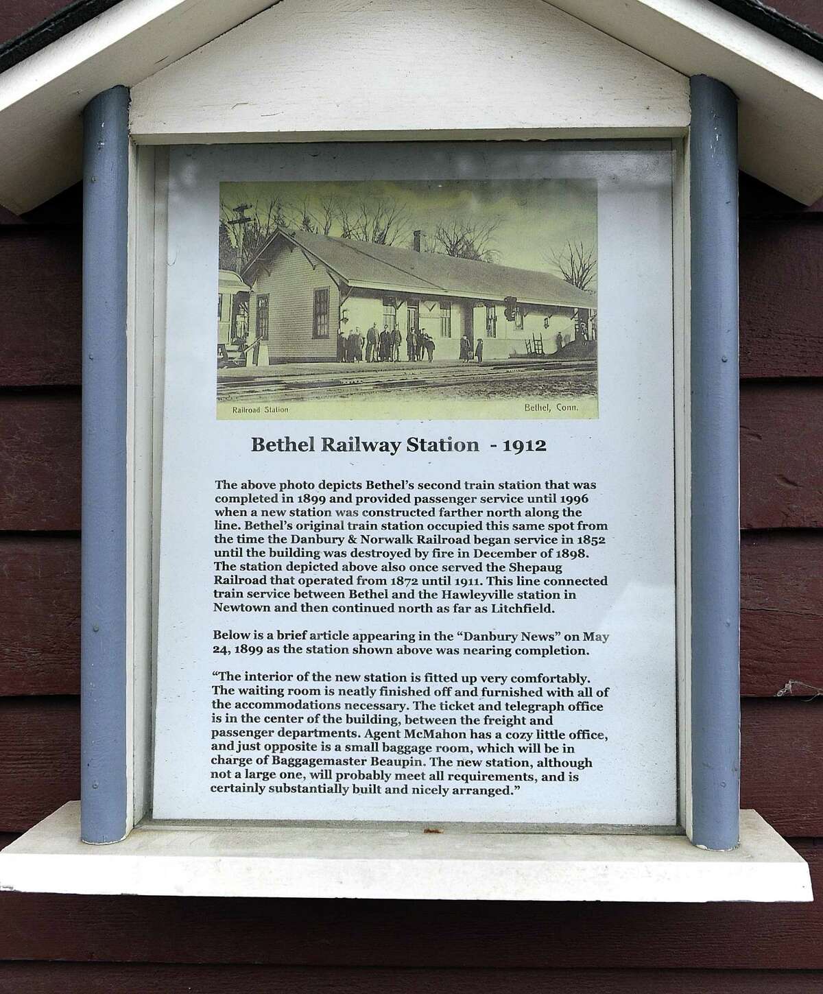 The Bethel Historical Society plans to install at least 30 tours boxes, such as this one attached to the old railroad station, at various locations around the downtown area. Photo Tuesday, Nov. 15, 2016.
