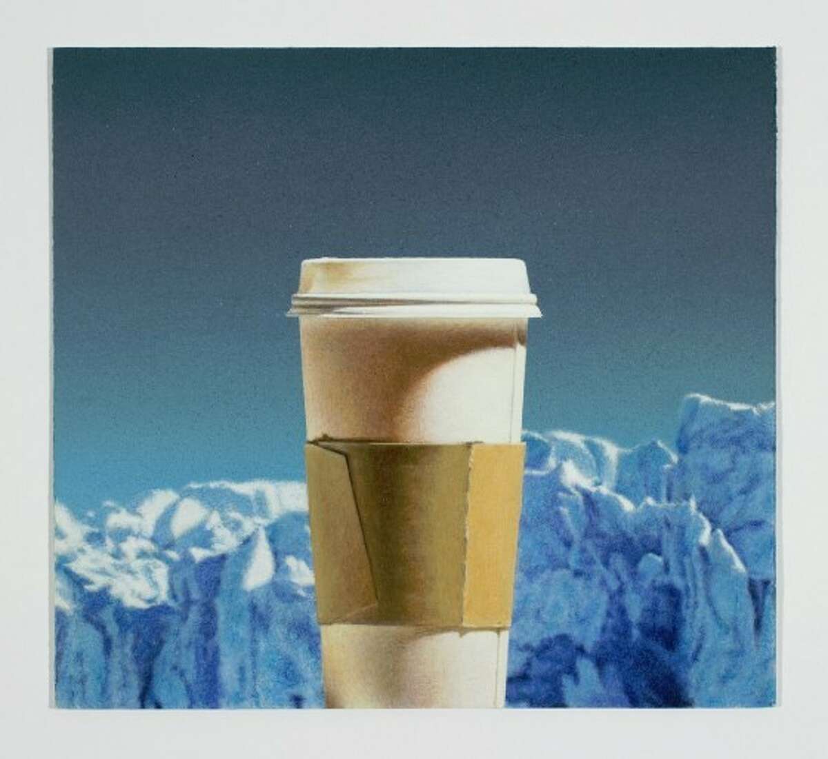 "Cup With Glaciers Chance of Rain" is among the paintings in Todd Hebert's solo show "Cups, Coolers, Watermelon and Bottles" at Devin Borden Gallery.﻿