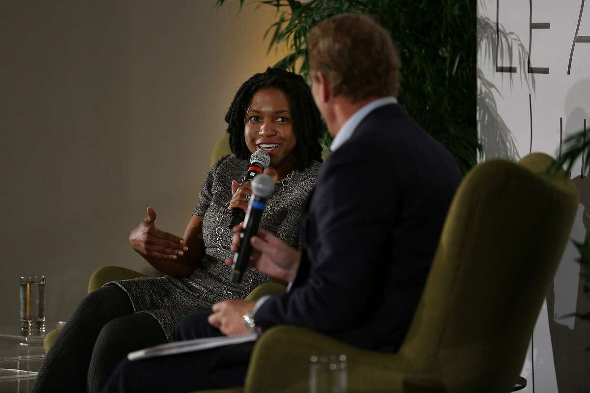 From left: Stacy Brown-Philpot, the CEO of TaskRabbit; and Barry Eggers, the founder and partner at Lightspeed Venture Partners, during a talk on Tuesday, Nov. 15, 2016 in San Francisco, Calif. The talk highlighted Brown-Philpot's career experiences.