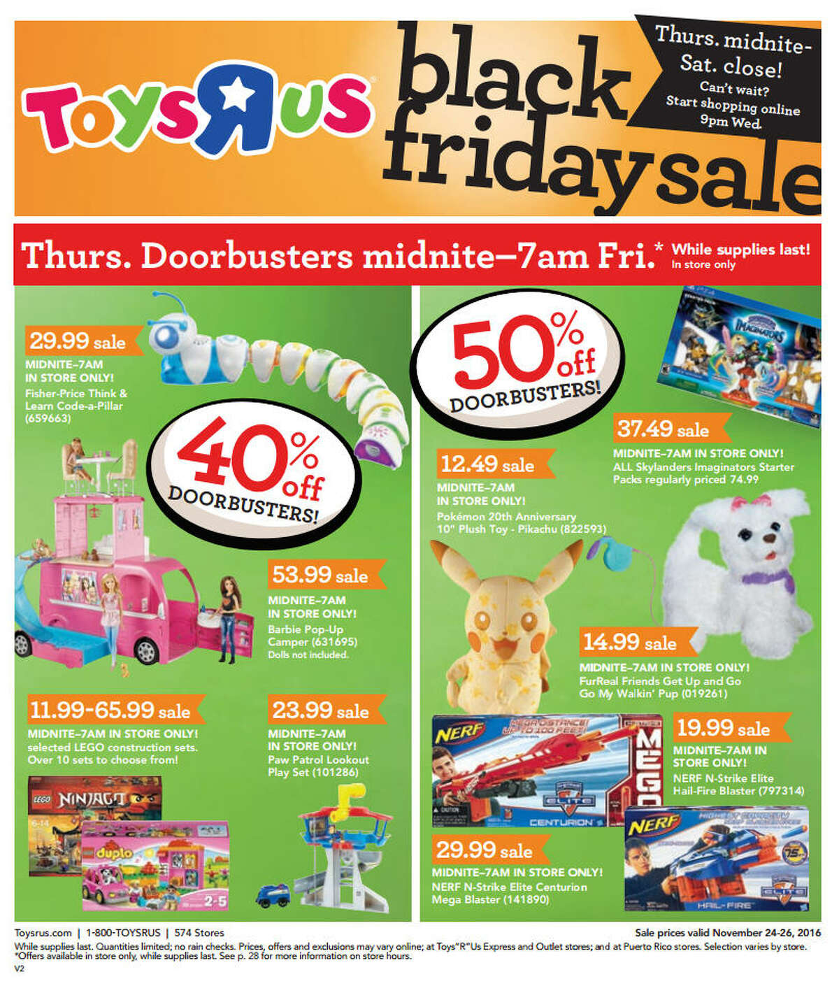 Toys "R" Us released their Black Friday 2016 ad ahead of Thanksgiving week. The ad has deals starting 5 p.m. Thanksgiving day and going until Saturday at close time.