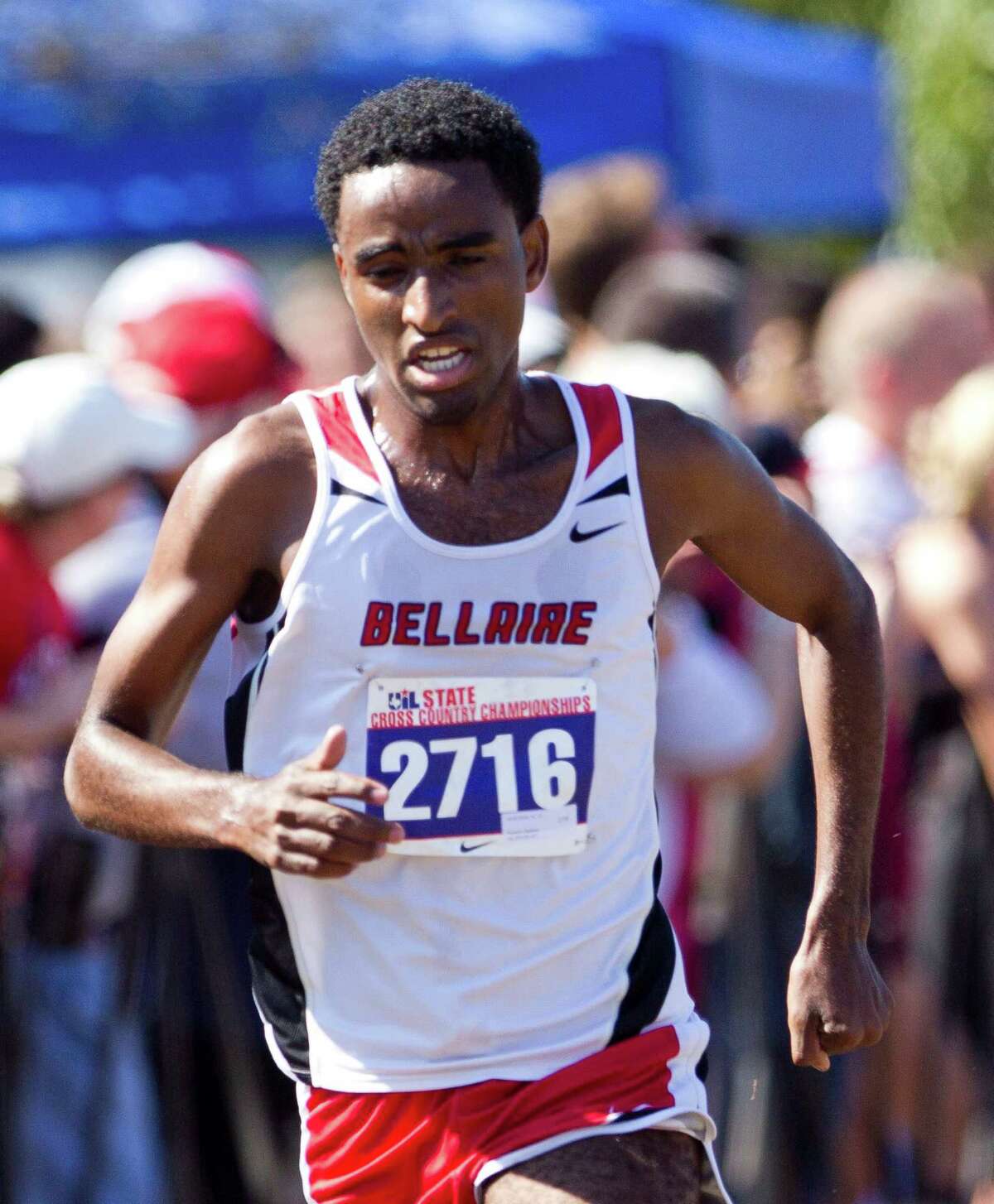 Jemal Wote, of Bellaire, competes in the Class 6A boys race during the UIL state cross country championships in Round Rock.