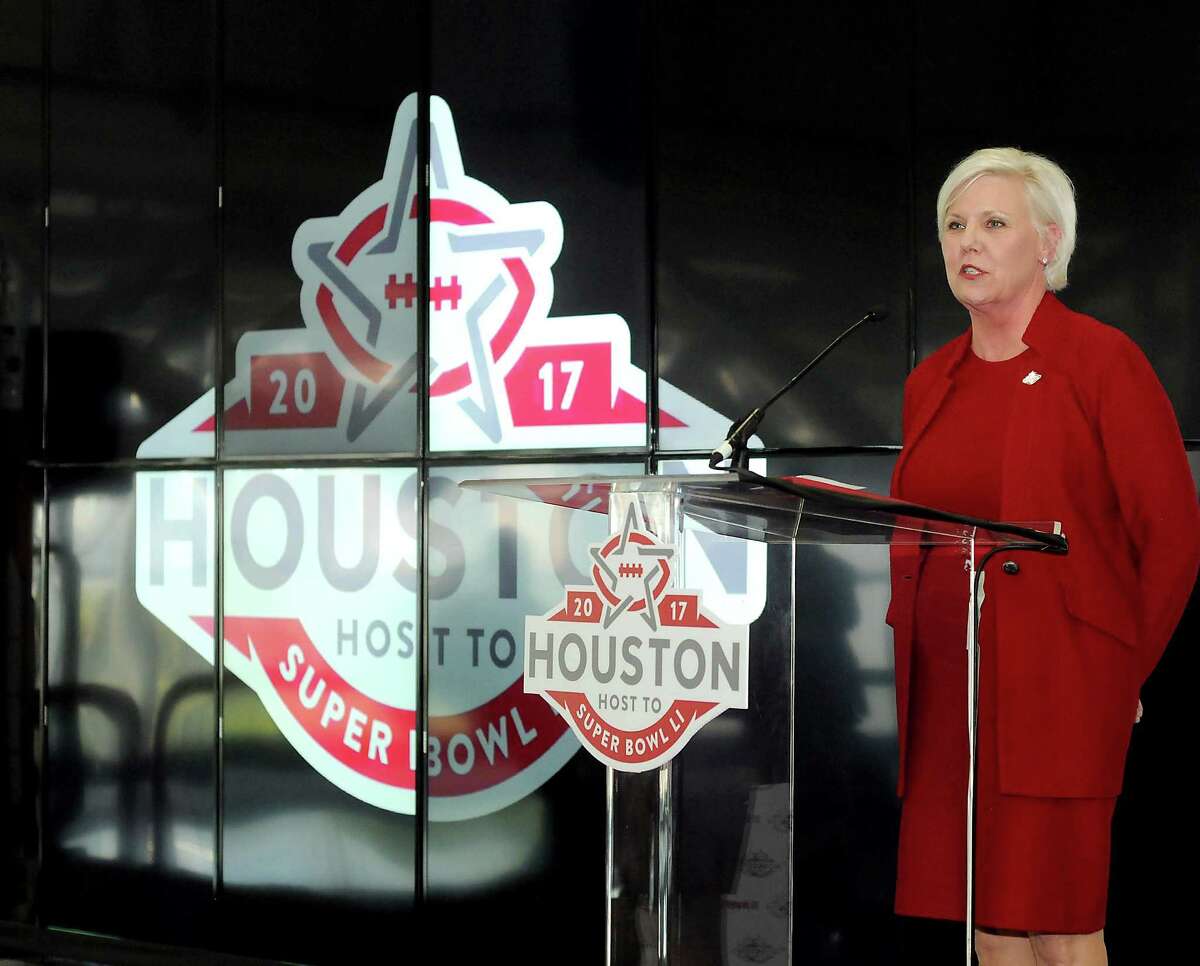 Sallie Sargent, president and CEO of the Houston Super Bowl Host Committee, talks about the "wow" factor for the Super Bowl Live Fan Festival during a press conference at SpaceCom at the George R. Brown Convention Center Wednesday Nov. 16, 2016. The announcement was for a one-of-a-kind virtual reality ride with a 90-foot drop tower titled Future Flght which will be at Discovery Green Park.(Dave Rossman photo)