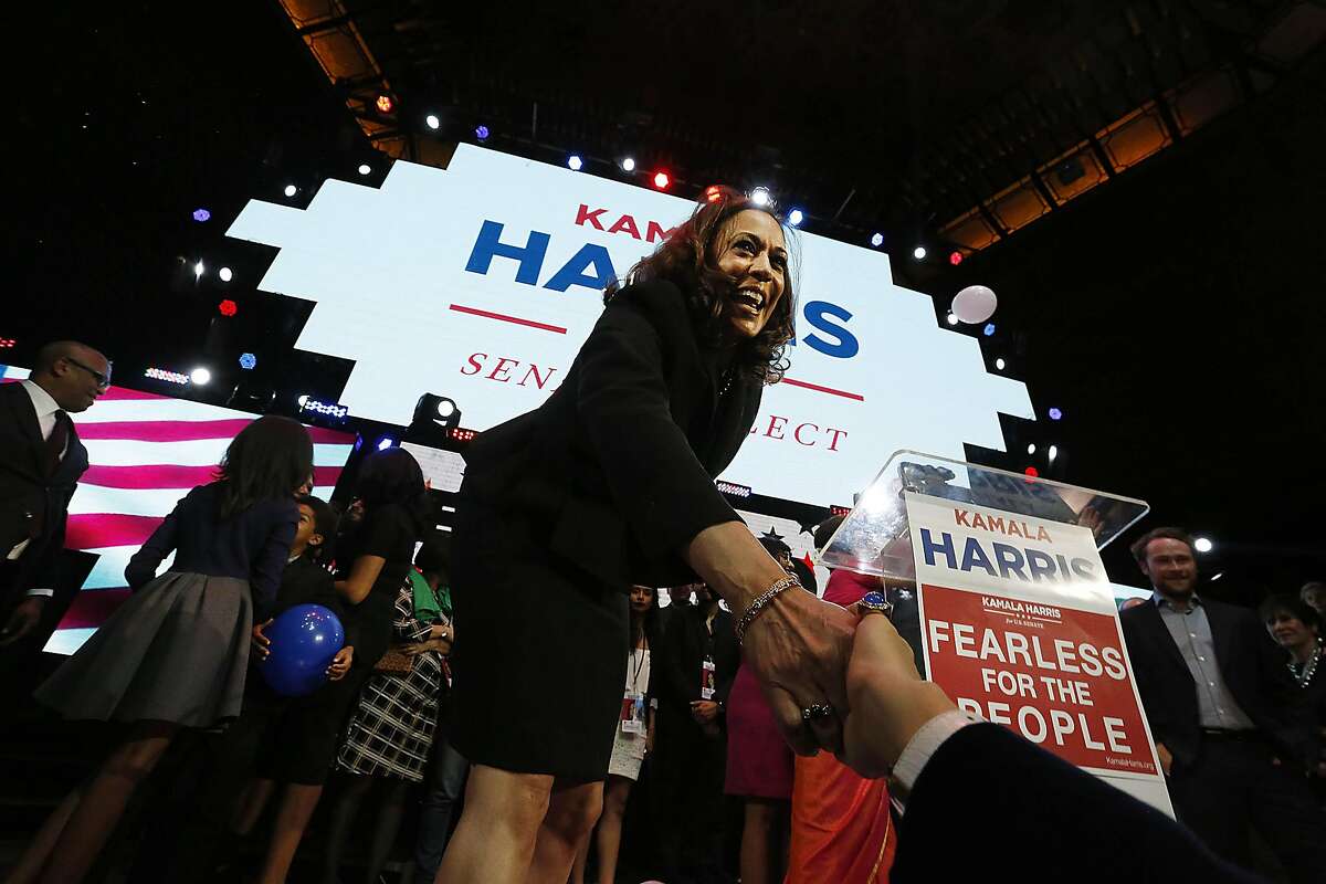 Kamala Harris celebrates her victory in the U.S. Senate race at a rally in downtown Los Angeles on Tuesday, Nov. 8, 2016. (Barbara Davidson/Los Angeles Times/TNS)