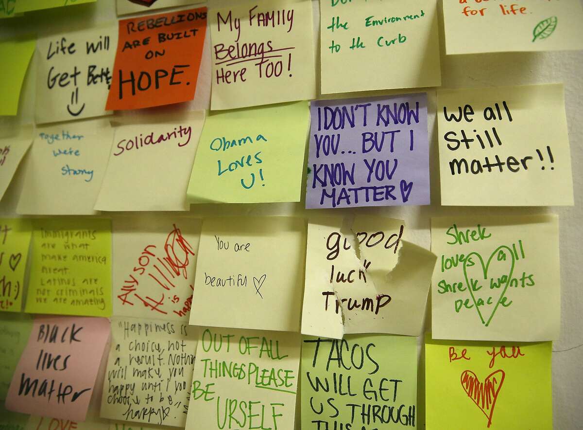 Student stickies on a wall seen outside of Valerie Ziegler's history class at Lincoln High School on Thursday, November 17, 2016, in San Francisco, Calif.