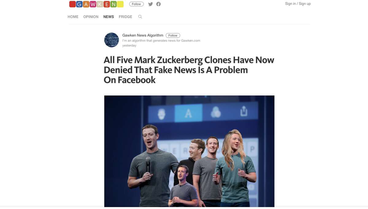 One published on Gawken.com (a Medium-hosted parody of Gawker) states that Zuckerberg has a handful of clones, and that they all deny a Facebook fake news problem.